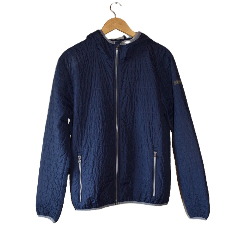 Italian Brugi Quilted Jacket Men Size 52 Navy Blue Excellent Hooded Full Zip